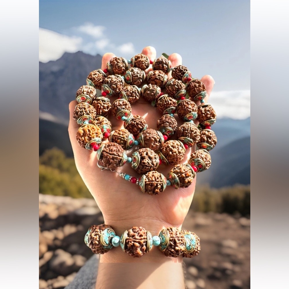 Vintage Rudraksha Yoga Necklace Capped With Bronze Inlay Turquoise & Coral 35”in - Picture 2 of 10